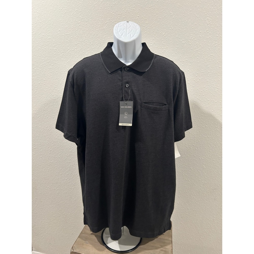 Van Heusen Mens Birdseye Knit Welt Pocket Polo Shirt Black XL Soft Touch New